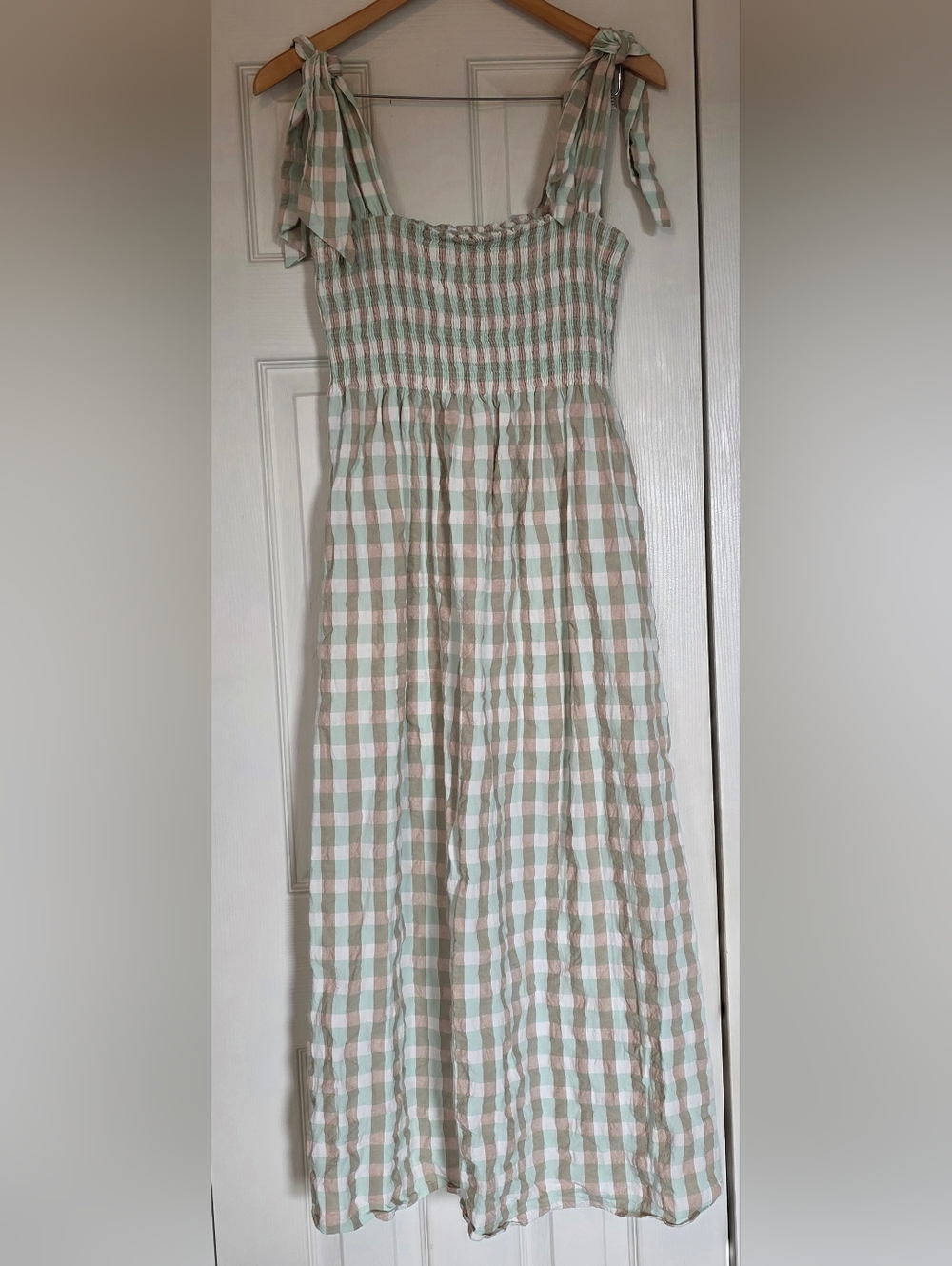 MNG By Mango Gingham Cottage Tie-Shoulder Smocked Maxi Dress - Green & Cream